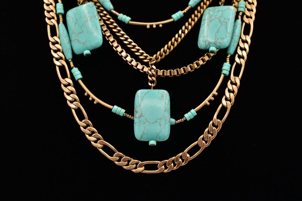Silpada KR Statement Necklace Faux Turquoise Gold Layered Chain Signed BinA17